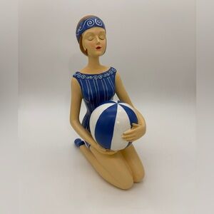 Retro Bathing Beauty Status Figure With Beach Ball & Blue Swimsuit 11.5”